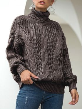 Drop Shoulder Turtleneck Cable Knit Chunky Sweater