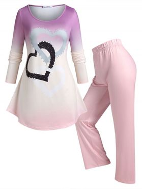 Plus Size Ombre Color Heart Print Pajamas Set