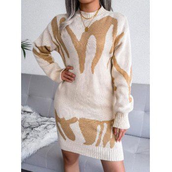 

Geometric Crew Neck Mini Sweater Dress, Light coffee