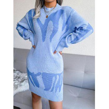 

Geometric Crew Neck Mini Sweater Dress, Blue