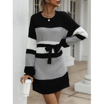 

Colorblock Drop Shoulder Belted Mini Sweater Dress, Multicolor