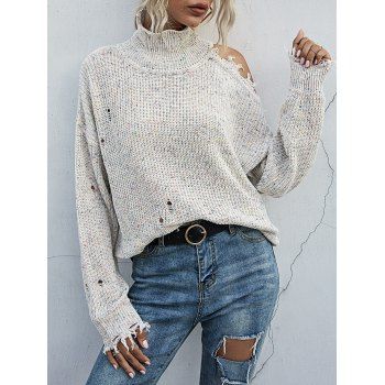 

Confetti Cold Shoulder Distressed High Neck Sweater, White