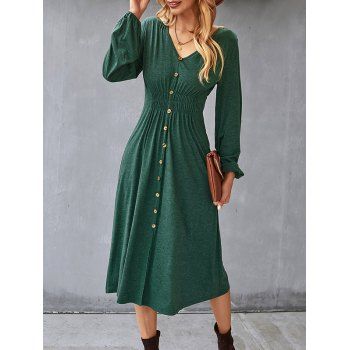 

Mock Button Slit Shirred Waist Midi Dress, Deep green
