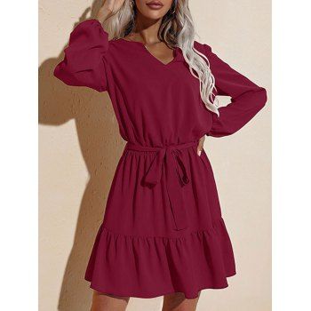 

V Notched Flounced Hem Belted Dress, Deep red