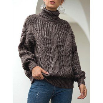 

Drop Shoulder Turtleneck Cable Knit Chunky Sweater, Deep coffee