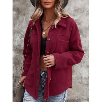 

Fleece Drop Shoulder Pocket Button Up Jacket, Deep red