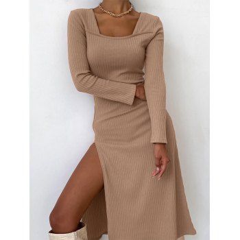 

Ribbed High Slit Knitted Midi Dress, Coffee