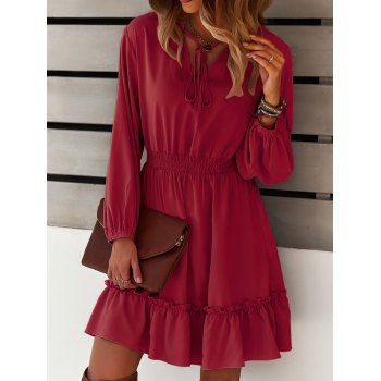 

Tied Ruffle Shirred Waist Flounce Hem Dress, Red