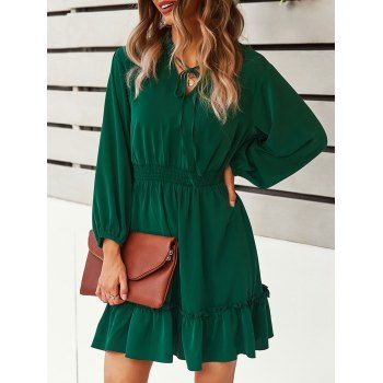 

Tied Ruffle Shirred Waist Flounce Hem Dress, Deep green