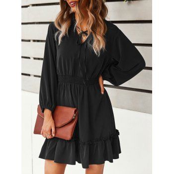 

Tied Ruffle Shirred Waist Flounce Hem Dress, Black