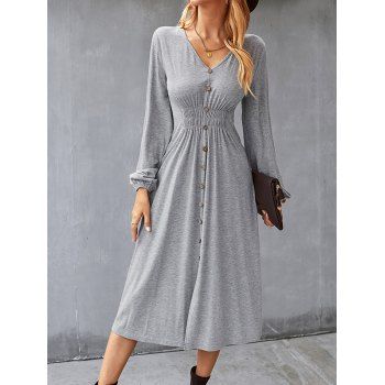 

Mock Button Slit Shirred Waist Midi Dress, Light gray