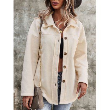 

Fleece Drop Shoulder Pocket Button Up Jacket, Light coffee