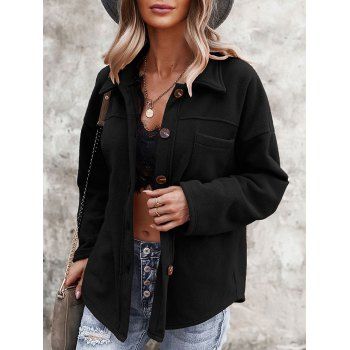 

Fleece Drop Shoulder Pocket Button Up Jacket, Black