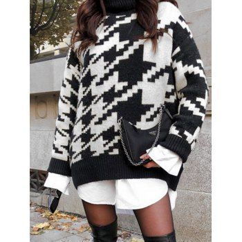 

Houndstooth Turtleneck Drop Shoulder Sweater, Black