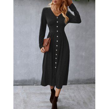 

Mock Button Empire Waist Shirred Detail Midi Dress, Black