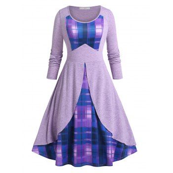 

Plus Size Plaid Overlay Midi Flare Dress, Purple