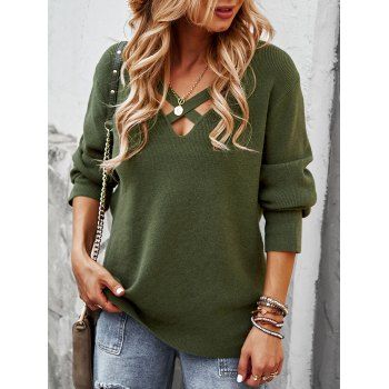 

V Neck Criss Cross Jumper Sweater, Deep green
