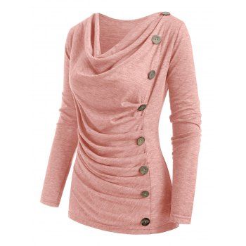 

Heather Mock Button Long Sleeves Draped Cowl Neck T-shirt, Light pink