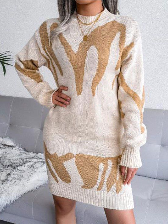 Geometric Crew Neck Mini Sweater Dress - LIGHT COFFEE S