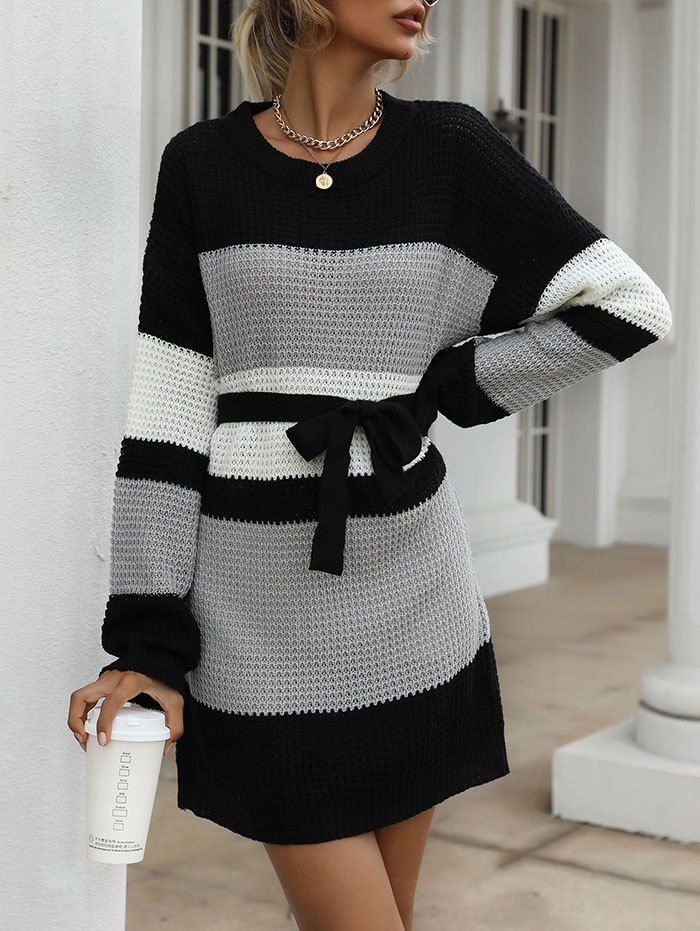 Colorblock Drop Shoulder Belted Mini Sweater Dress - multicolor S