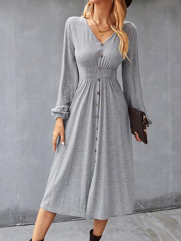 Mock Button Slit Shirred Waist Midi Dress - LIGHT GRAY L