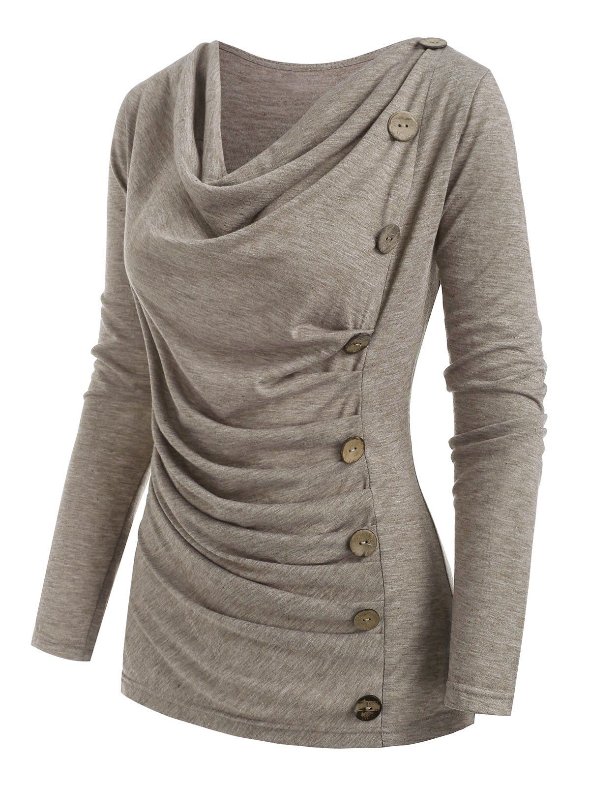 Heather Mock Button Long Sleeves Draped Cowl Neck T-shirt - LIGHT COFFEE 3XL