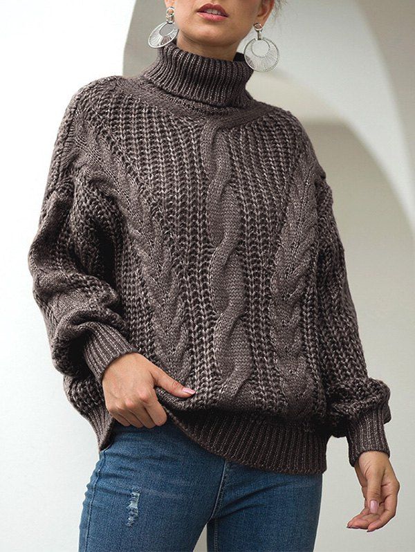 Drop Shoulder Turtleneck Cable Knit Chunky Sweater - DEEP COFFEE L