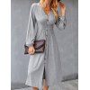 Mock Button Slit Shirred Waist Midi Dress - LIGHT GRAY L