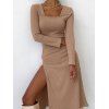 Ribbed High Slit Knitted Midi Dress - COFFEE M