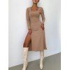Ribbed High Slit Knitted Midi Dress - COFFEE M