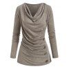 Heather Mock Button Long Sleeves Draped Cowl Neck T-shirt - LIGHT COFFEE L