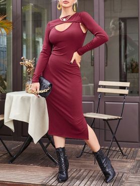 Ribbed Plunging Slit Slinky Dress with Shrug Top