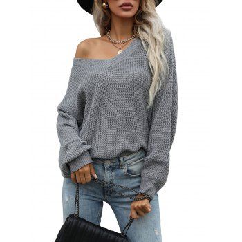 

Drop Shoulder Slouchy Solid Color Sweater, Gray