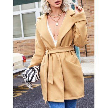 

Wool Blend Pocket Belted Longline Coat, Light coffee