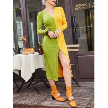 

Two Tone Ribbed Button Up Slit Slinky Dress, Light green