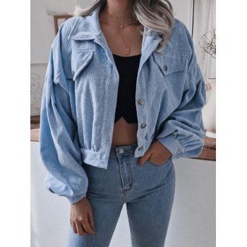 

Corduroy Lantern Sleeve Drop Shoulder Jacket, Light blue