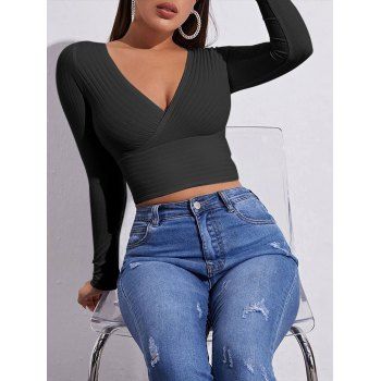 

Ribbed Surplice Plunge Slim Crop Tee, Black