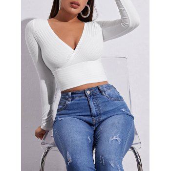 

Ribbed Surplice Plunge Slim Crop Tee, White