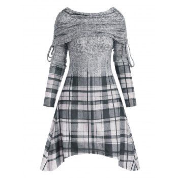 

Plaid Print Cinched Foldover Asymmetric Knitwear, Gray