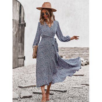 

Ditsy Print Flounce Hem Midi Wrap Dress, Blue