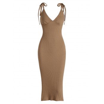 

Ribbed Tie Shoulder Split Cupped Dress, Light coffee