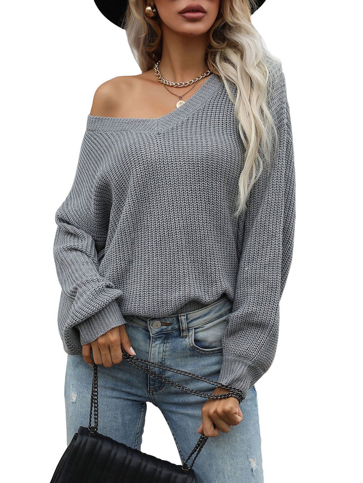 Drop Shoulder Slouchy Solid Color Sweater - GRAY M