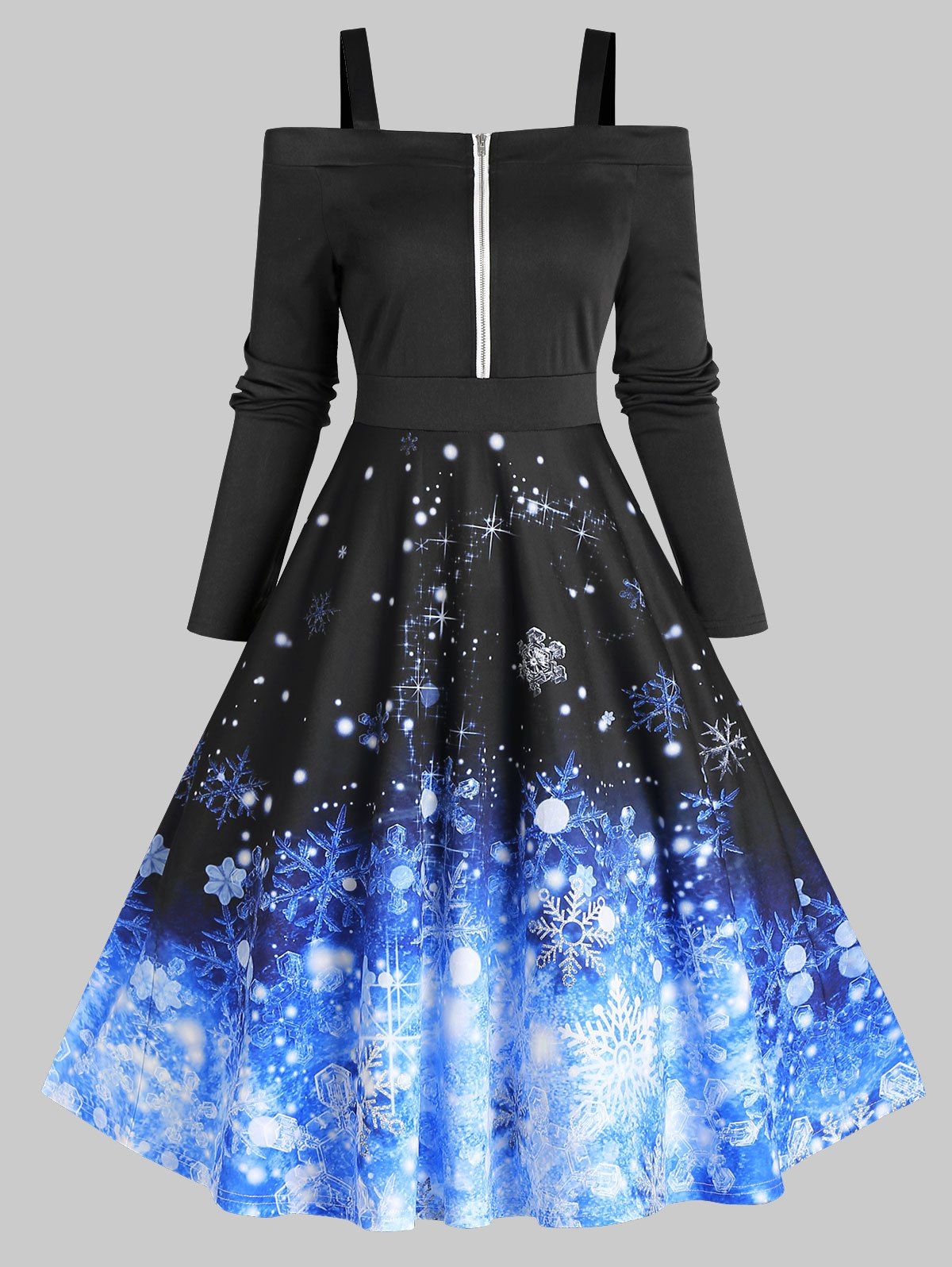 Christmas Snowflake Cold Shoulder Half Zip Dress - BLUE S
