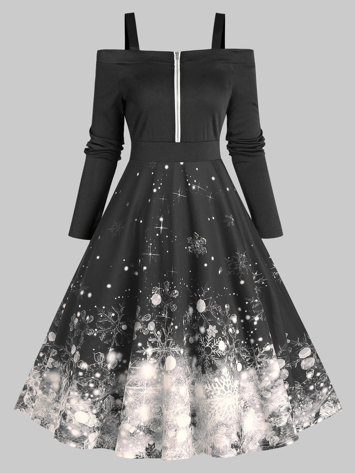 Christmas Snowflake Cold Shoulder Half Zip Dress - BLACK L