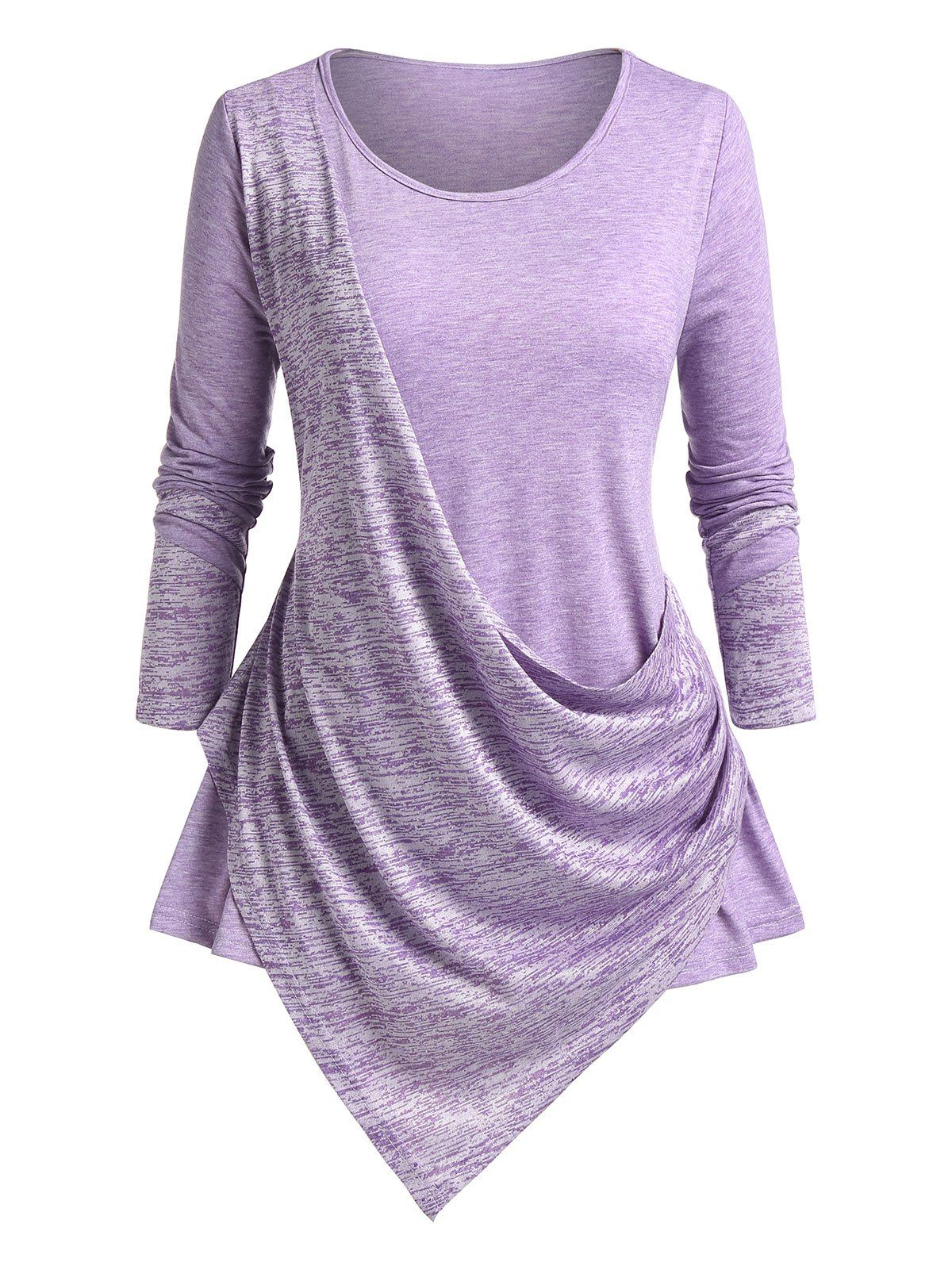 T-shirt Asymétrique Drapé Teinté Grande Taille - Violet clair L