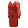 Lace Raglan Sleeve Ribbed Knitted Bodycon Dress - RED M