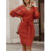 Lace Raglan Sleeve Ribbed Knitted Bodycon Dress - RED L