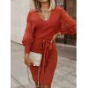 Lace Raglan Sleeve Ribbed Knitted Bodycon Dress - RED XL