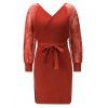 Lace Raglan Sleeve Ribbed Knitted Bodycon Dress - RED L
