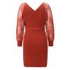 Lace Raglan Sleeve Ribbed Knitted Bodycon Dress - RED L
